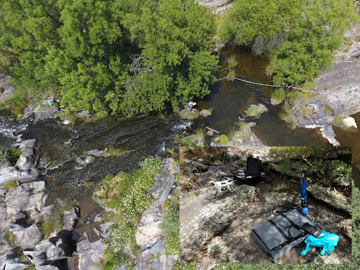 Visión aérea de la toma de muestras (macrófitos y resto de indicadores) en el río Sever (Tajo), 2019 y fotografía detalle de dron y sonda multiparamétrica.